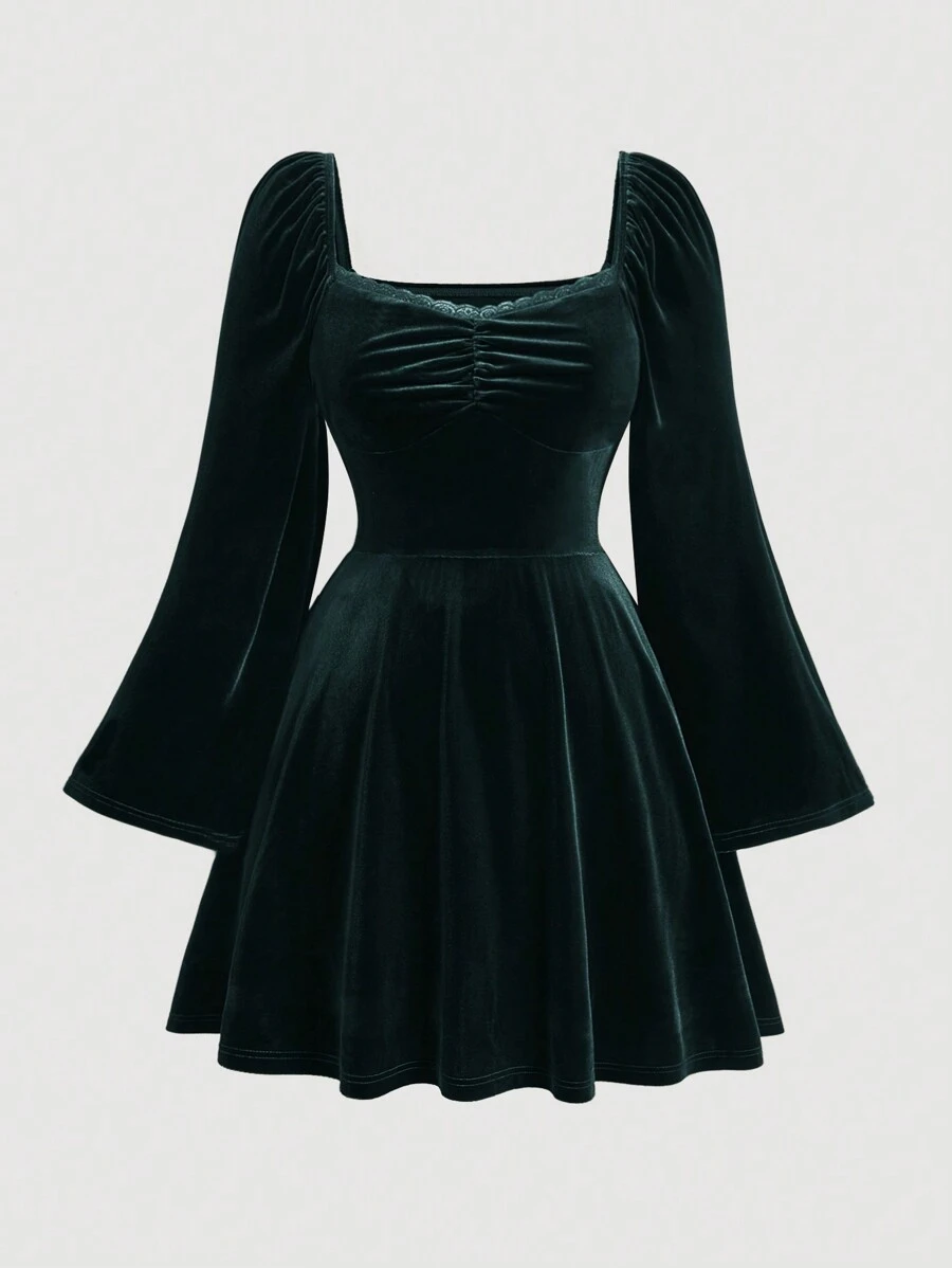 SHEIN MOD Plus Size Olive Green Vintage Square Neck Ruffle Bodice Flare Sleeve Velvet Dress - Dark Green - View 1