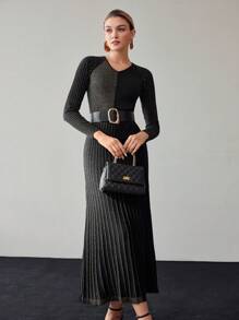 Women's Autumn Color Block V-Neck Long Sleeve Fitted Elegant Sweater Dress
