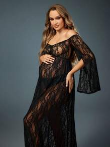 SHEIN 长袖黑色蕾丝孕妇装，适合孕妇拍照