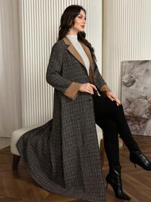 Al Najma 优雅拼色翻领格子长袍，秋冬季，优雅开放式长袍，适合休闲日常/旅行/度假，朴素的长袖阿拉伯长袍 - 棕色 - 查看 5