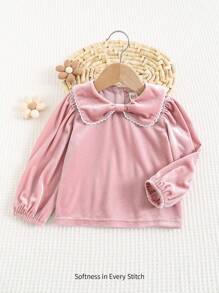 Cozy Pixies Baby Girl Casual Versatile Ruffle Collar Lantern Sleeve Pullover Top - Dusty Pink - View 3