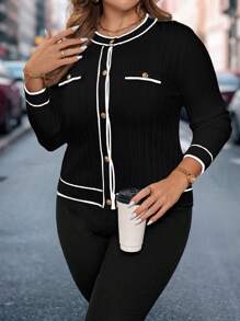 SHEIN Clasi 大码女式优雅黑白罗纹圆领长袖开衫，适合秋季、冬季 - 黑色 - 查看 3