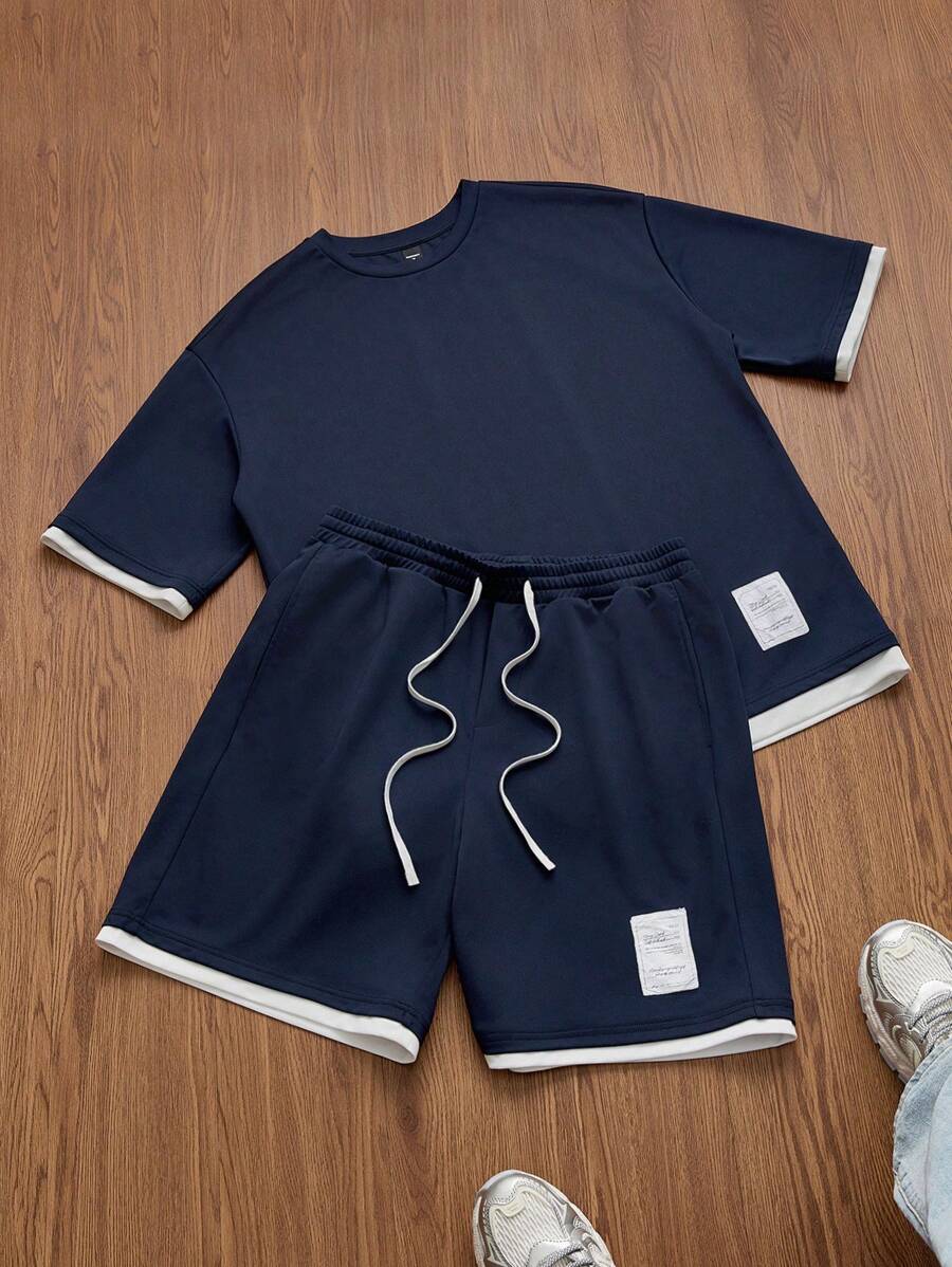 Manfinity VCAY 2pcs Men's Knitted Fashion Casual Patchwork Loose Short Sleeve T-Shirt And Elastic Waist Shorts Set