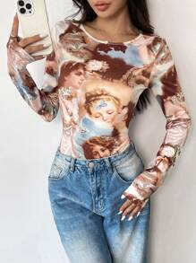 Chiquease Women's Form-Fitting Sexy Printed Long Sleeve Bodysuit, For Autumn