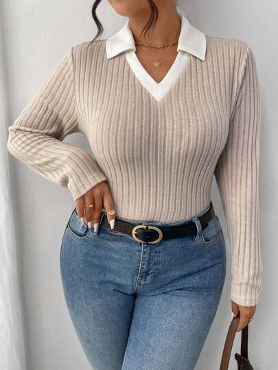 SHEIN Frenchy Plain Color Block Long Sleeve T-Shirt, Plus Size V-Neck, Lapel Autumn And Winter Long-Sleeved T-Shirt, Color Block T-Shirt, Soft Striped Fabric, Versatile Women's Clothing For Going Out ,Casual Everyday Wear