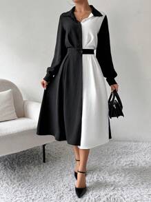 SHEIN Privé Abito lungo casual da donna a maniche lunghe con bottoni frontali e colori tinta unita