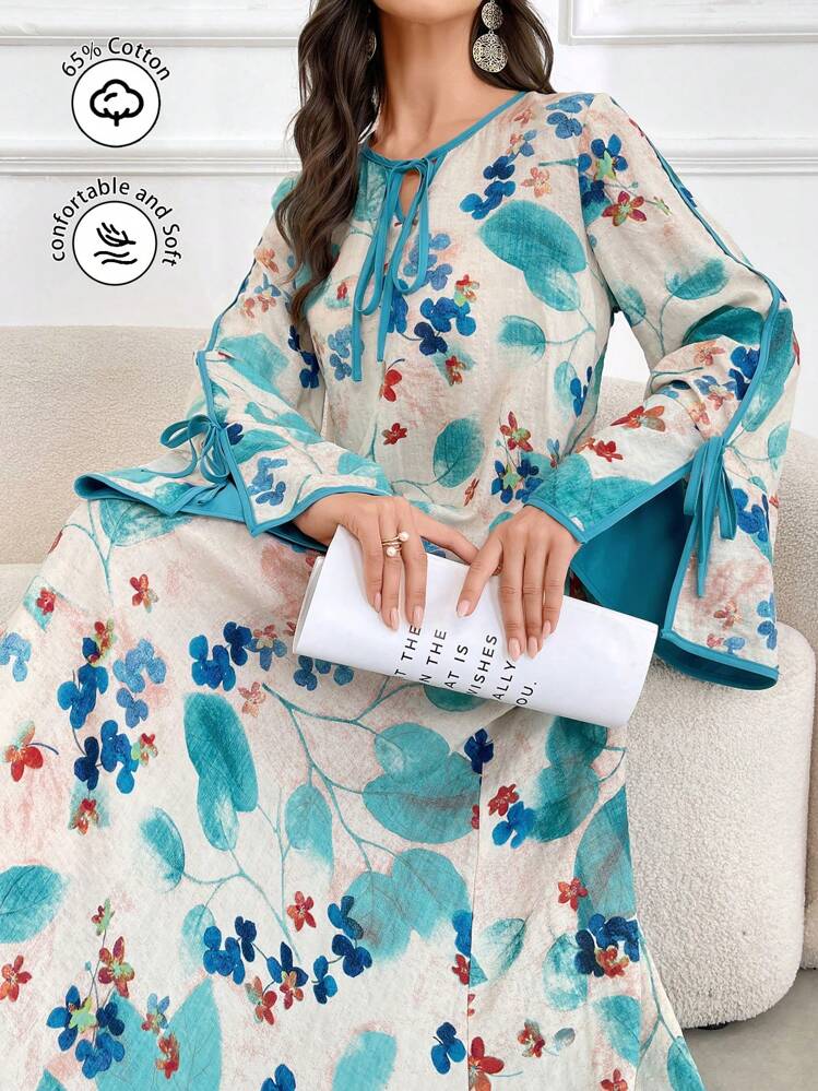 Al Najma Women Lace-Up Long Sleeve Split Full Print Modest Graceful Arabian Dress Fall Cloth For Women - Blue - View 1