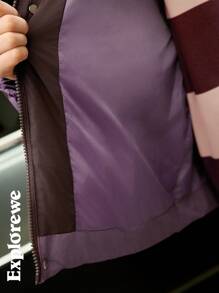 SHEIN Urban Casual Style Colorful Patchwork Ribbon Design Hooded Padded Coat, Girls Plus Padded Coat For City Street Snap Everyday Winter Wear - Multicolor - View 9