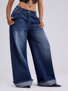 SHEIN EZwear 女式街头服饰 Y2K 复古图案刺绣水洗宽松牛仔裤 - 深色水洗藍 - 查看 6