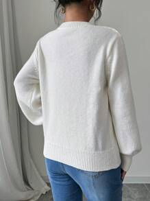 SHEIN Unity Women Floral Pattern Round Neck Casual Fashionable Long Sleeve Knit Sweater Top, Knit Pullover Fall Winter - White - View 4