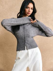 Poéselle Cárdigan de punto sencillo de unicolor de manga larga con botones delanteros slim, gris, suéter corto de mujer, ropa de invierno para mujer, ropa de otoño para mujer, FW24