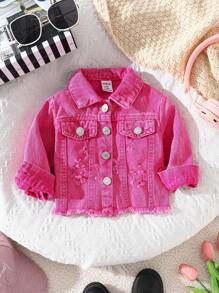 SHEIN Baby Girl Letter Embroidery Distressed Front Button Long Sleeve Jacket - Pink - View 2