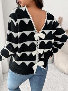 SHEIN Frenchy Suéter informal con lazo decorativo y detalles gráficos, diseño sencillo - Talla grande - Blanco y Negro - Ver 4