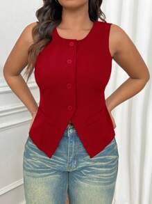 SHEIN EZwear 大码休闲纯色轻便背心，初秋 - 紅色 - 查看 6