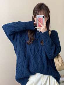 DAZY Women's Round Neck Loose Cable Knit Diamond Pattern Sweater, Sapphire Blue,Fall Clothes - Royal Blue - View 7