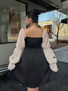 Flirla Vestido de manga larga de malla de lujo ligero con contraste para mujer de talla grande, vestido negro elegante de estilo francés de primavera y otoño con cintura ceñida para fiesta de noche