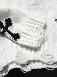 Coolane Kids 青少年女孩休闲十字图案破洞毛衣，秋季