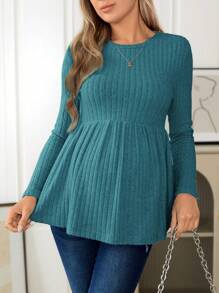 SHEIN 孕妇休闲纯色圆领罗纹针织长袖 T 恤，秋季，孕妇装 - 藍色 - 查看 5