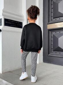 SHEIN Young Girl Sports Casual Knit Crew Neck Pullover Sweatshirt Set - Black and White - View 2