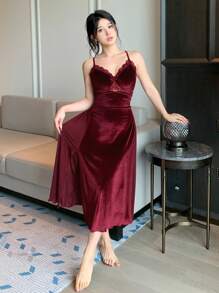 DAZY Translucent Mesh Lace Panel Velvet Satin Slip Nightgown, Sexy Red Women Dresses Pajama,New Year - Burgundy - View 7
