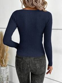 SHEIN Clasi V-Neck Fitted Long Sleeve Sweater, Casual Solid Color, Autumn/Winter,Long Sleeve Tops - Navy Blue - View 2