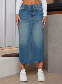 SHEIN Essnce Jupe crayon en jean lavé avec poches inclinées polyvalentes et décontractées pour femmes, convient pour le printemps/été