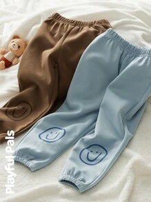 SHEIN 2 件男女通用可爱/复古/休闲/家居服/户外笑脸卡通印花厚运动裤，适合春/秋/冬 - 彩色 - 查看 3