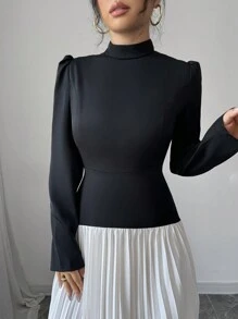 Elenzga Vestido plisado elegante con cuello alto y inserción para mujer, para otoño