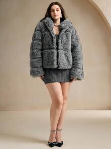 Anewsta Women Plus Size Elegant Modern Fluffy Hooded Short Jacket - Light Grey - View 4