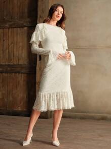 Anewsta Elegantes Damen Kleid mit Rüschen-Organza-Spitze, Flatterärmeln und Meerjungfrau-Stil, geeignet für Silvester, Weihnachten