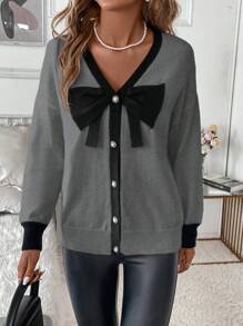 SHEIN Clasi Women Classic Black And White Color Contrast Front Bow Design Elegant Cardigan Sweater, Winter - Grey - View 4
