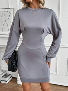 SHEIN LUNE Women's Elegant Fitted Puff Sleeve Crew Neck Sweatshirt Dress Pullover Fall Outfit - Grey - View 1