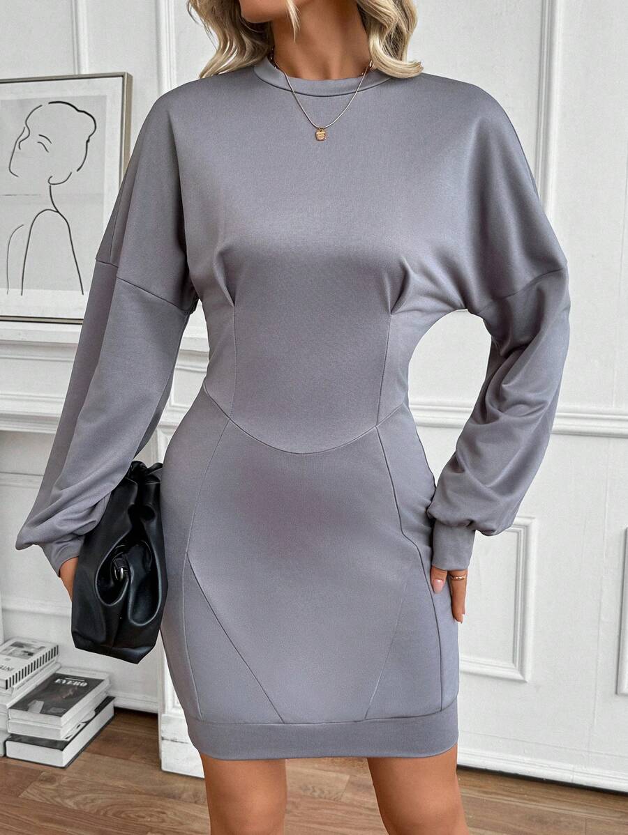 SHEIN LUNE Women's Elegant Fitted Puff Sleeve Crew Neck Sweatshirt Dress Pullover Fall Outfit - Grey - View 1