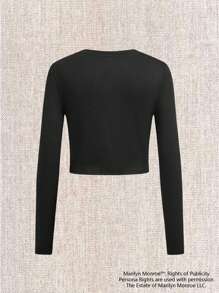 Marilyn Monroe X SHEIN Tween Girl Rhinestone English Letter Black Tight Tee