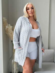 SHEIN SXY Cárdigan de punto de cable de manga larga con capucha y cremallera, de unicolor, talla grande, para otoño/invierno