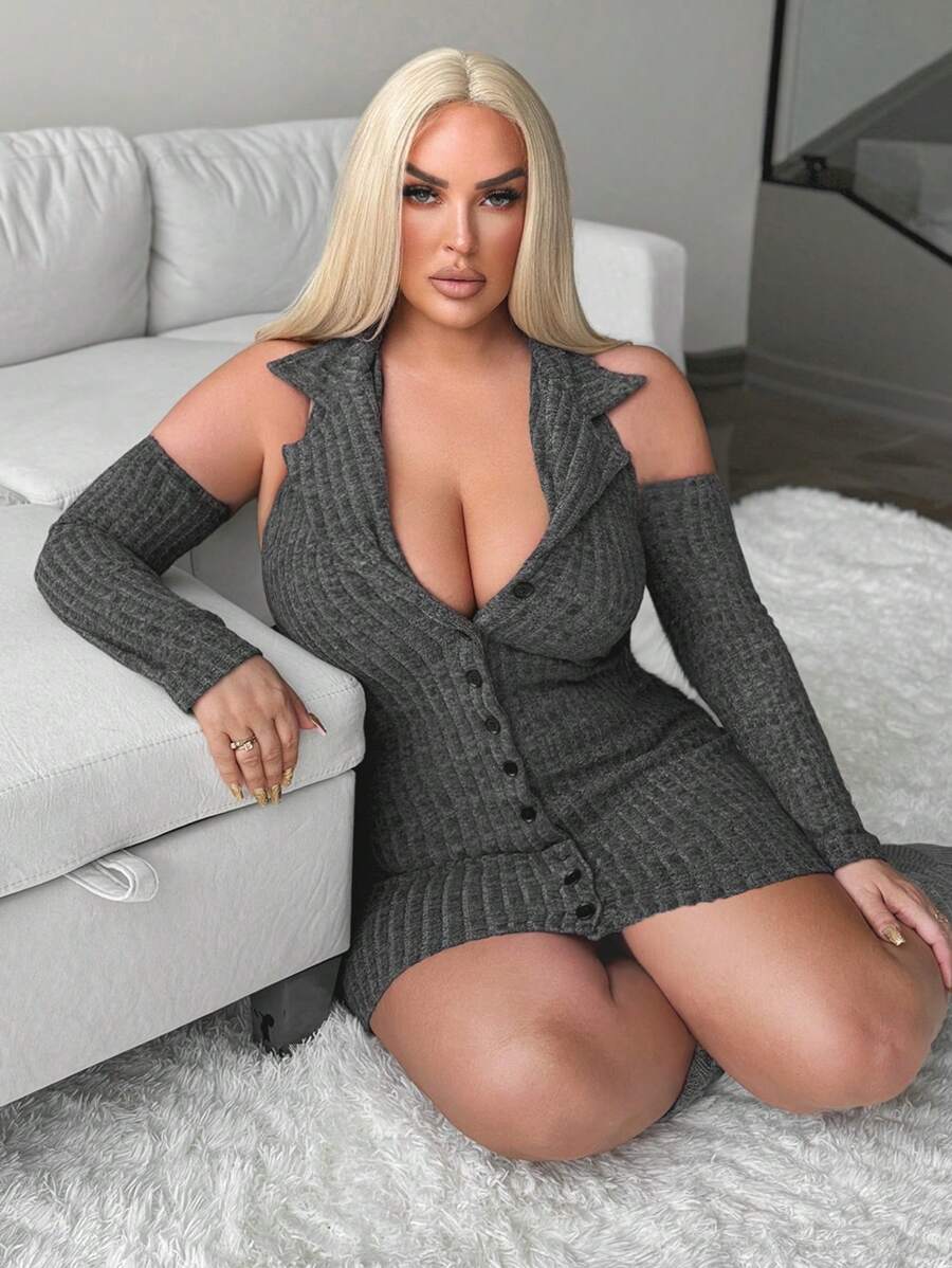 SHEIN SXY 大码女式舒适休闲紧身露背袖连衣裙 - 深灰色 - 查看 1