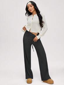 SHEIN BASICS بلوزة نسائية ذات أكمام متسعة محبوكة ذات لون أحادي الشكل - رمادي غامق - مشاهدة 3