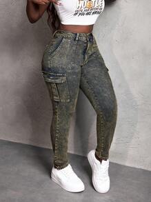 Slaydiva Jeans casuales skinny con bolsillos utilitarios para mujer - Mostaza Amarilla - Ver 2