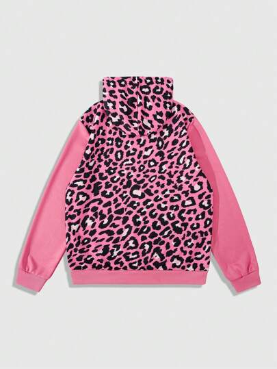 Street Life Sudadera casual con capucha de manga larga con estampado de leopardo de retales y cordón para hombre