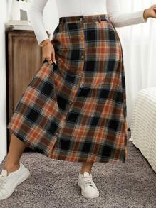 SHEIN LUNE Chân váy dài cỡ lớn màu nâu kẻ caro, cạp chun, thích hợp cho mùa đông và lễ Tạ ơn. - Nhiều màu - Xem 1