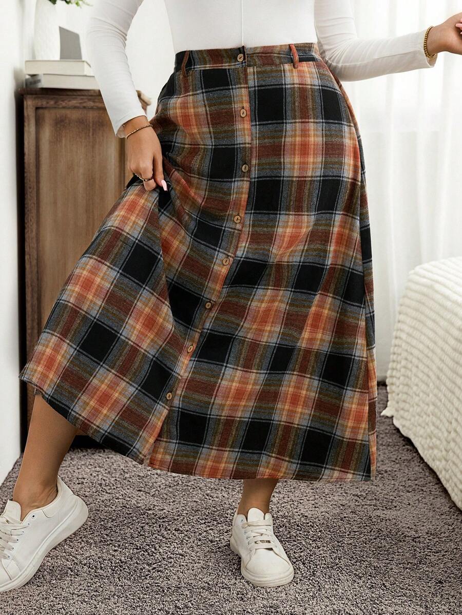 SHEIN LUNE Chân váy dài cỡ lớn màu nâu kẻ caro, cạp chun, thích hợp cho mùa đông và lễ Tạ ơn. - Nhiều màu - Xem 1