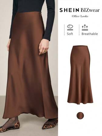 BizChic Falda larga de satén de unicolor con diseño de sirena para mujer, elegante vestimenta formal para oficina, adecuada para el transporte urbano, negocios y uso casual