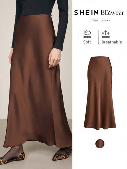 BizChic Falda larga de satén de unicolor con diseño de sirena para mujer, elegante vestimenta formal para oficina, adecuada para el transporte urbano, negocios y uso casual