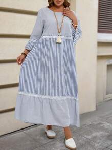 EMERY ROSE Plus Size  Vacation Outfits Woman Costume Women Striped Round Neck Flared Sleeve Ruffle Hem Loose Long Casual Dress,Spring/Summer - Baby Blue - View 3