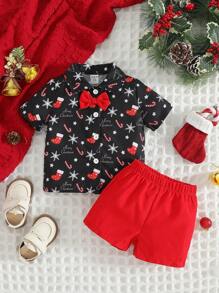 SHEIN Baby Boy Bowknot Decor Snowflake Print Short Sleeve Shirt & Shorts Casual Set, For Christmas - Red - View 1