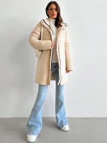 SHEIN Privé New Autumn/Winter Casual Versatile Warm Thermal Lined Hooded Long Winter Coat In Apricot - Apricot - View 3