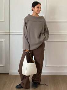 DAZY 1 Áo len dài tay trễ vai màu trơn rộng rãi cho nữ, Quần áo mùa thu cho nữ - Xám - Xem 7