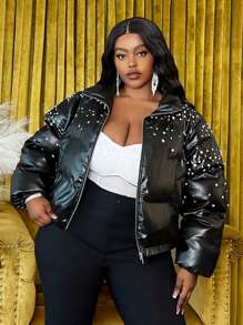 Slaydiva Women Plus Size Thick Padded Diamond Decor Long Sleeve Short Jacket, Fashion Casual Outerwear For Autumn/Winter - Black - View 7