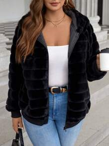 EMERY ROSE Plus Size Simple Plain Zip-Up Front Pocket Casual Faux Rabbit Fur Jacket, For Winter