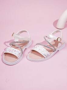 Cute Crystal Chain Glitter Casual Flat Sandals For Kids, Girls - White - View 2